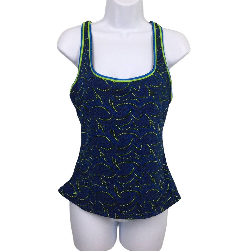 Speedo Retro Coastal Blue Lime Green Dotted Racer Back Tankini Swimwear Top XXS